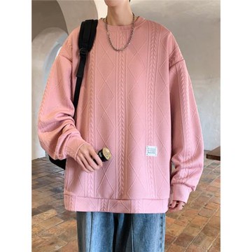 圓領衛衣男春秋新款潮流百搭純色提花上衣寬松情侶裝衣服大碼外套