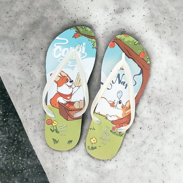 女夾腳拖鞋 汪來汪趣  防滑防水 柯基 狗狗 人字拖  睡午覺