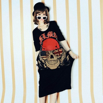 古著‧眼鏡國旗骷髏頭側拉口袋棉洋裝