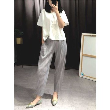 三宅褶皺休閑褲夏季顯瘦百搭九分奶奶褲子寬松大碼蘿卜哈倫褲女裝
