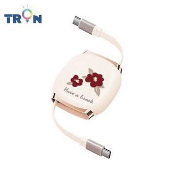 TRON 100W Type-C 伸縮快充線 1M 奶茶色 平塗手繪小花卉-2 4檔長度調整 可充筆電 適用i15以上手機 平板