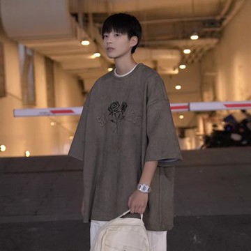 日系復古鹿皮絨短袖t恤男ins潮牌寬松cityboy上衣夏季男裝半截袖