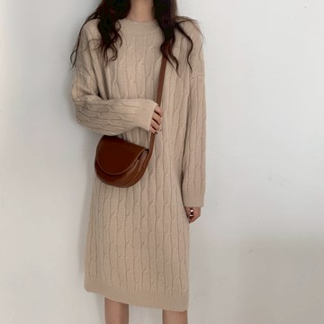 長袖連衣裙女秋冬新款韓版慵懶風寬松毛衣裙中長款過膝針織裙1入