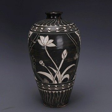 宋代磁州窯墨彩荷花白鷺紋梅瓶出土老貨仿古瓷器古玩古董復古擺件