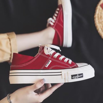 秋季紅色厚底半拖帆布鞋女鞋2025年新款小白鞋秋款懶人一腳蹬板鞋
