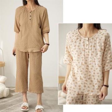 雙層縐布 女士純棉家居套裝波點全棉睡衣睡褲 短袖七分褲夏款女裝