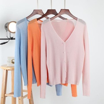 夏季舒適新款網紅V領薄款冰絲bm針織開衫外套百搭長袖防曬上衣女