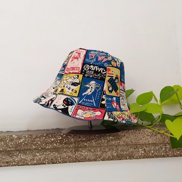 手工雙面漁夫帽/短帽簷/遮陽帽/藍黑/復古牛奶糖