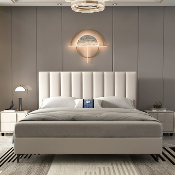 優樂悅~現代簡約真皮床1.8米輕奢極簡奶油風雙人床主臥婚床港式公寓酒店