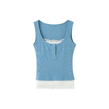 宋正恩藍色工字型蕾絲花邊吊帶背心女夏季假兩件韓系修身短款上衣