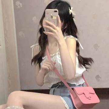 現款免運 荷葉邊上衣 飛飛袖上衣 夏季日系軟妹荷葉邊甜美可愛純欲吊帶女學生外穿短款背心辣妹上衣H