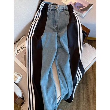 夏季高街創意小眾寬松直筒牛仔褲撞色拼接豎條紋個性中腰褲子男女