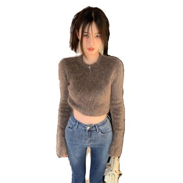春秋季新款高腰短款馬海毛毛衣女設計感小眾別致辣妹內搭上衣chic