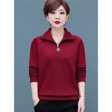 紅色秋冬加絨加厚衛衣女士上衣立領2025新款寬松洋氣媽媽翻領外套