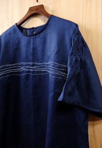 圓領袖壓摺上衣/ 思緒。深藍