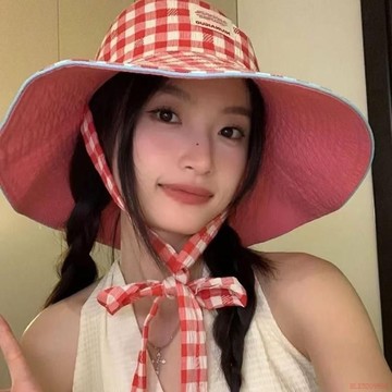 桃園出貨✨韓系甜美春夏新款遮陽寬邊繫帶帽檐格子漁夫帽雙面夏季防曬遮陽帽
