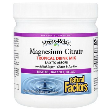 Natural Factors, Stress-Relax®、檸檬酸鎂粉、熱帶水果味混合飲品、8.8 盎司（250 克）