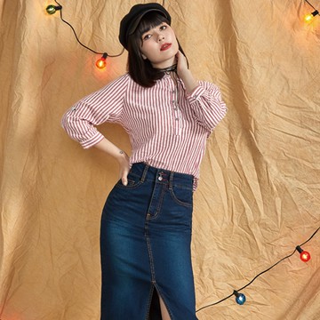 條紋反折袖女襯衫-V15073