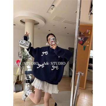 韓國東大門冬季新款洋氣刺繡蝴蝶結套頭加絨衛衣女裝寬松休閑上衣