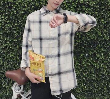 FINDSENSE MD 時尚 男 潮 休閒 寬鬆百搭小清新 毛邊 格子 襯衫 長袖襯衫 格紋襯衫