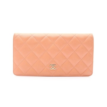 CHANEL 香奈兒 粉橘色 羊皮 對折長夾 金釦 【二手名牌BRAND OFF】
