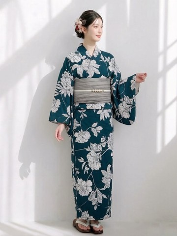 墨綠古典牡丹純棉浴衣套裝 夏日和服(含兵兒帶與木屐 可量身訂製)