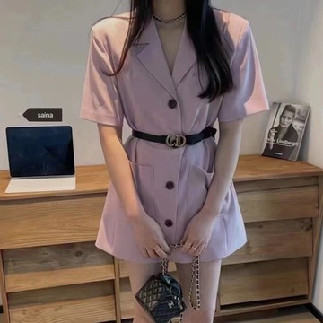 La Belleza通勤網美款V領雙口袋排釦水洗棉連身裙短洋裝短袖西裝裙