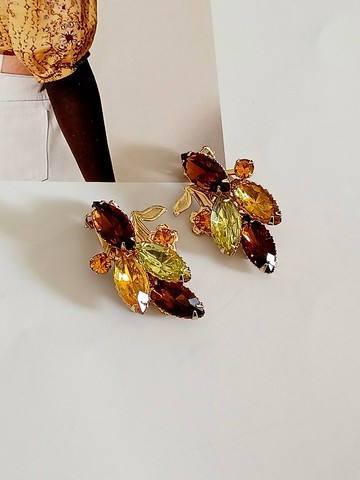 vintage jewelry 古董大地色系萊茵花簇夾式耳環