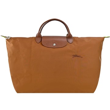 LONGCHAMP LE PLIAGE GREEN系列刺繡短把再生尼龍摺疊旅行袋（小/白蘭地酒）