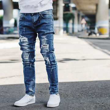 【NB0647J】韓國製刷破抽鬚補丁合身彈性牛仔褲(LE-PA716)