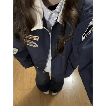 美式複古翻領飛行夾克秋季外套女新款設計感潮牌情侶棒球服潮 韓版外套女 夾克女 秋冬外套 時尚寬鬆外套 設計上衣 百搭外套