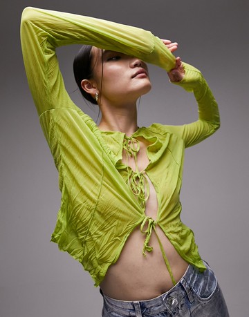 Topshop crinkle sheer tie front long sleeve top in green