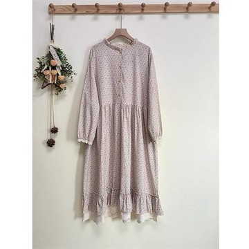 【巴黎精品】連身裙日系洋裝-長袖木耳邊碎花棉麻女裙子3色a1ja42