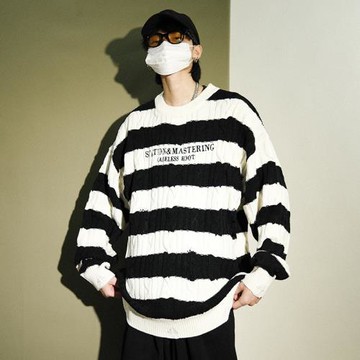 字母條紋ins復古美式休閑男女針織衫休閑寬松oversize日系毛衣秋