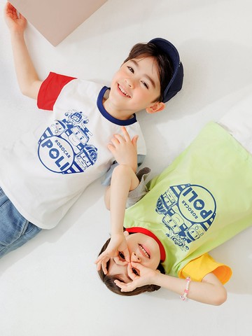 POLI 波力．純棉撞色拼接印花圓領上衣