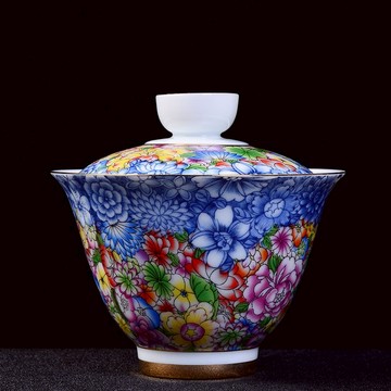 三才蓋碗茶杯茶碗大號茶具琺瑯彩萬花瓷泡茶碗陶瓷家用功夫白瓷碗