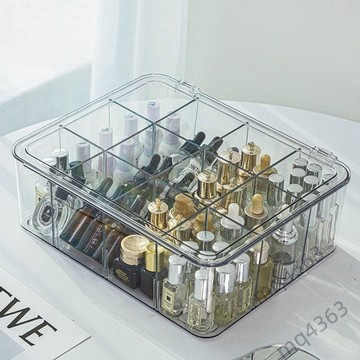 【臺灣出貨】翻蓋次拋收納盒 分格透明雜物化妝盒 大容量 桌面整理 帶蓋 客廳收納箱