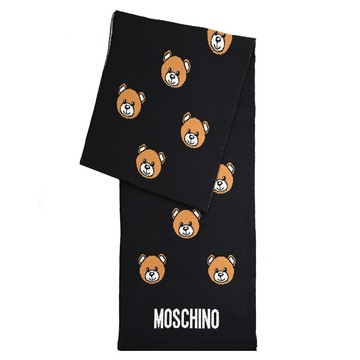 MOSCHINO 30823 M3176 滿版小熊羊毛混紡長圍巾.黑