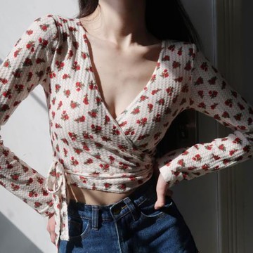 美式復古性感深V領碎花綁帶長袖襯衫修身顯瘦夏季防曬衫開衫女