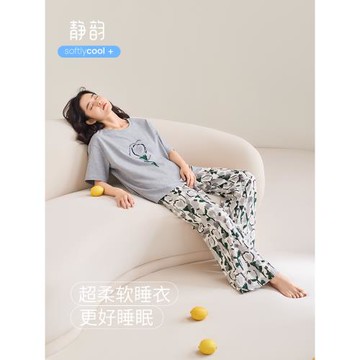 靜韻【涼感型】帶胸墊睡衣女款夏季純棉可外穿短袖長褲家居服套裝