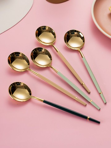 家用網紅湯勺彩色圓頭勺子304不銹鋼長柄兒童餐勺吃飯勺