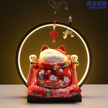 【招財進寶】陶瓷存錢罐 招財貓擺件 開業禮品 客廳擺件 家居裝飾 創意禮物 7寸大號 內置LED燈圈 店鋪客廳通用