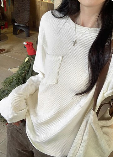 【限時79折】光映紋理華夫格口袋長袖上衣-94839