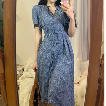 復古v領碎花短袖連衣裙女夏季年新款裙子韓版高腰顯瘦長裙潮