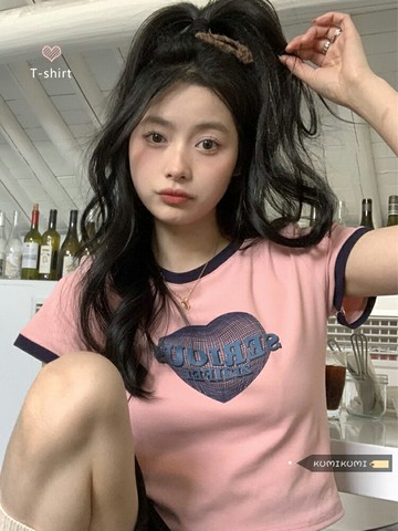 甜辣風撞色短袖T恤女2022夏季粉色短款露臍上衣chic打底衫ins潮