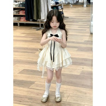 mori🎀mori韓版女童夏季米杏色蕾絲拼接掛脖裙小女孩千金風流蘇短裙