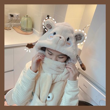 小熊帽子圍巾一體女冬季百搭韓版可愛毛絨保暖手套圍脖三件套冬天