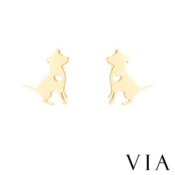 【VIA】動物系列 縷空愛心可愛小狗造型白鋼耳釘 造型耳釘金色