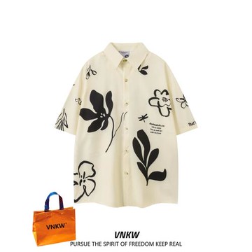 夏季潮牌涂鴉印花短袖T恤男女日系街頭寬松情侶休閑五分袖襯衣潮