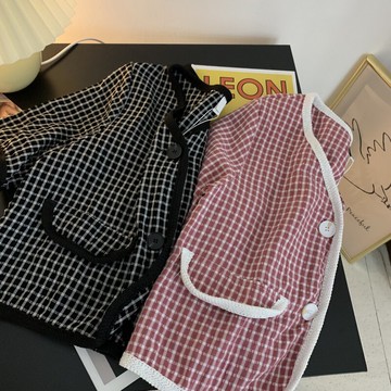 法式復古短款開衫女W-16夏季新款小香風氣質薄款寬松短袖格子上衣